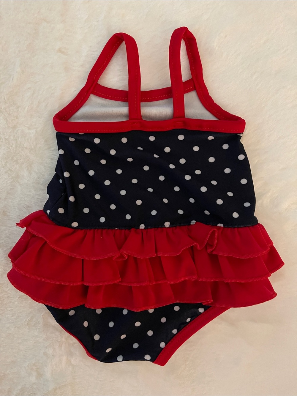 Carters Infants Navy Polka Dot Ruffle One-Piece Swimsuit - Red Trim SZ 3 months - Picture 3 of 4